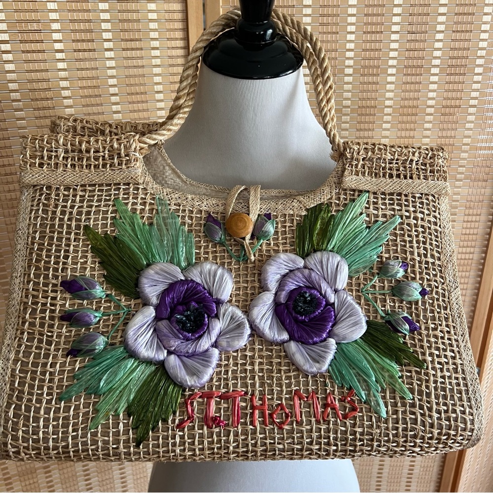 🌺 Vintage Woven Straw embroidered Cabana Beach Bag